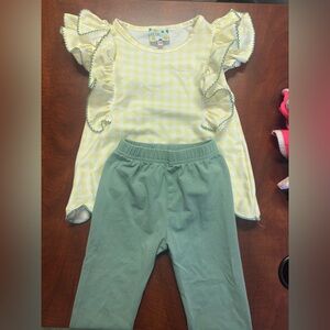 24 month sugar dumplin’ Yellow Gingham Top and Green Pants Set